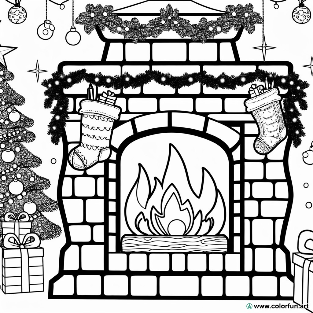 Christmas fireplace coloring page