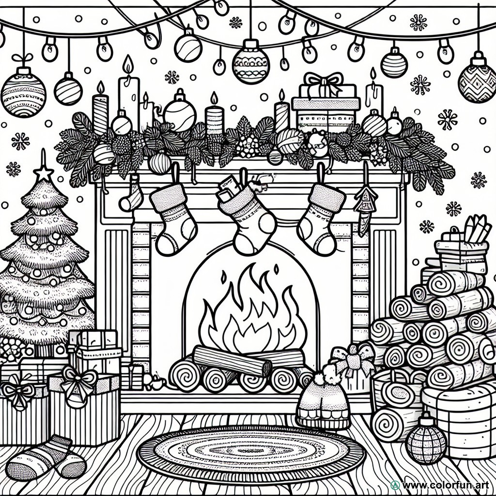 coloring page Christmas fireplace adult