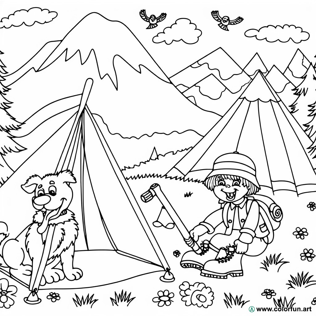 coloring page camping mountain