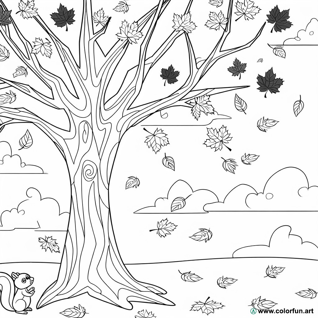 coloring page tree autumn leaves
