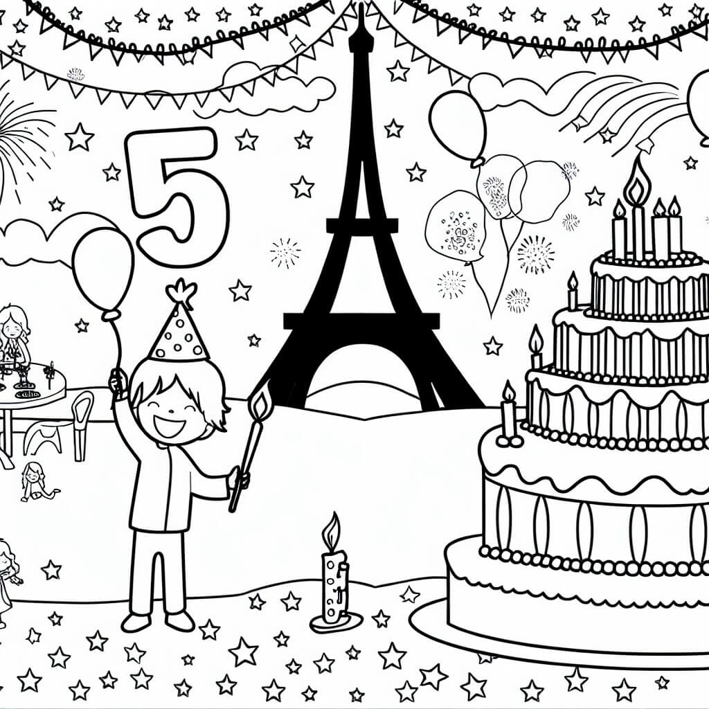 coloring page birthday 5 years paris
