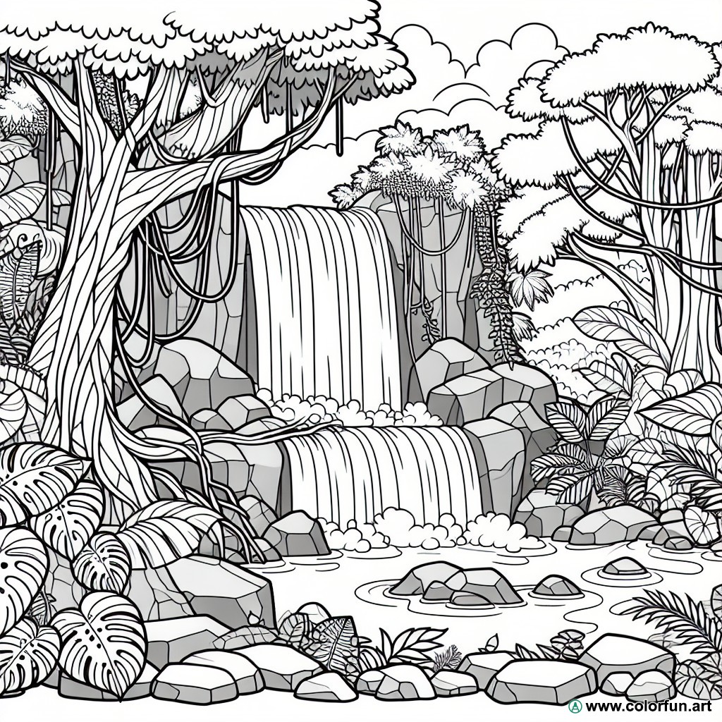 coloring page jungle waterfalls lianas