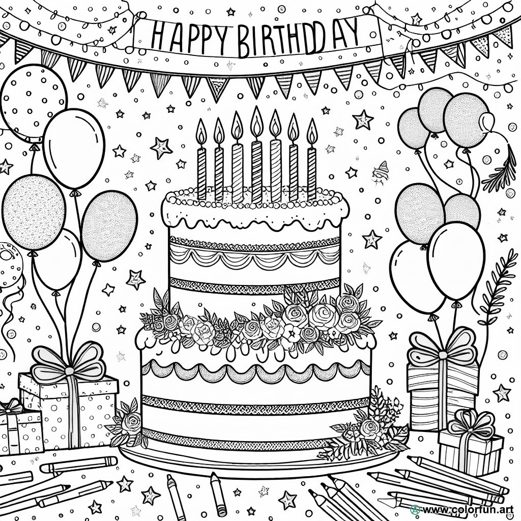 coloring page birthday 7 years happy