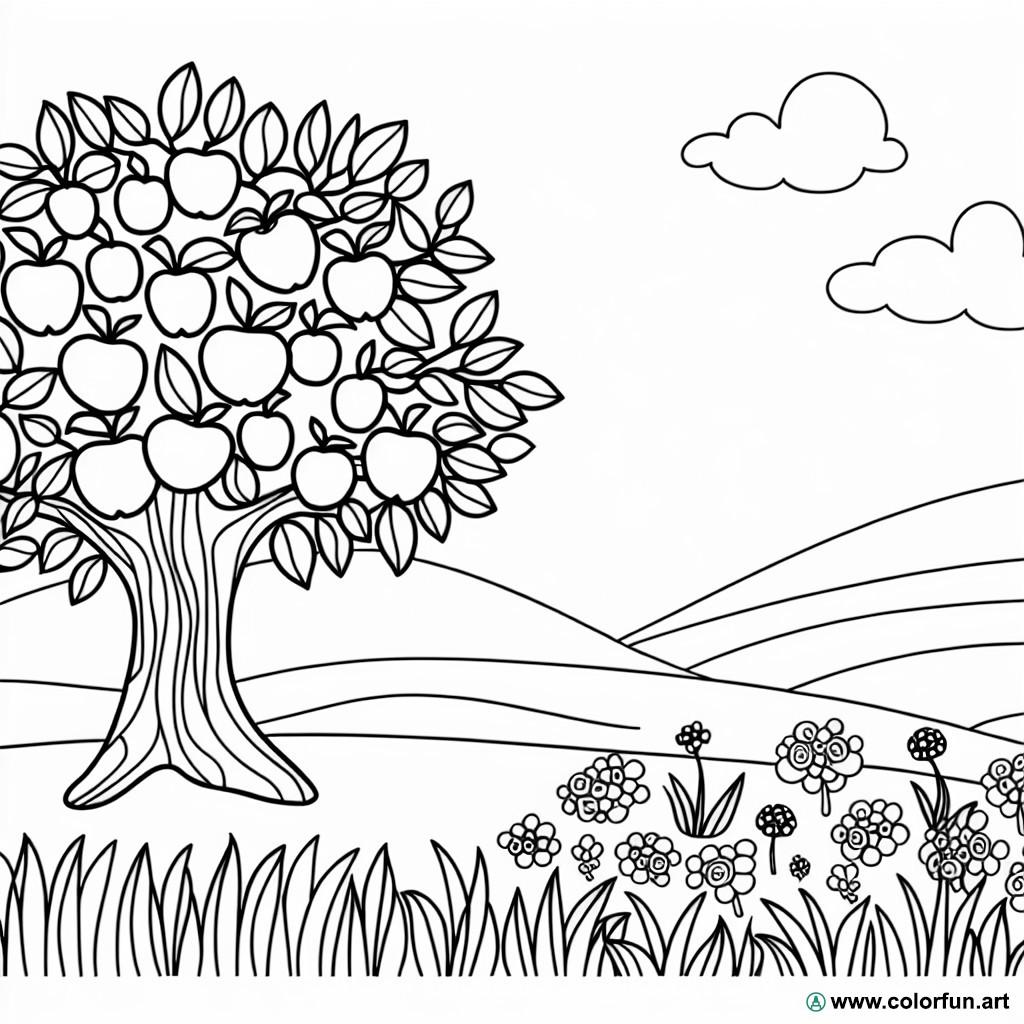 coloring page apple tree landscape