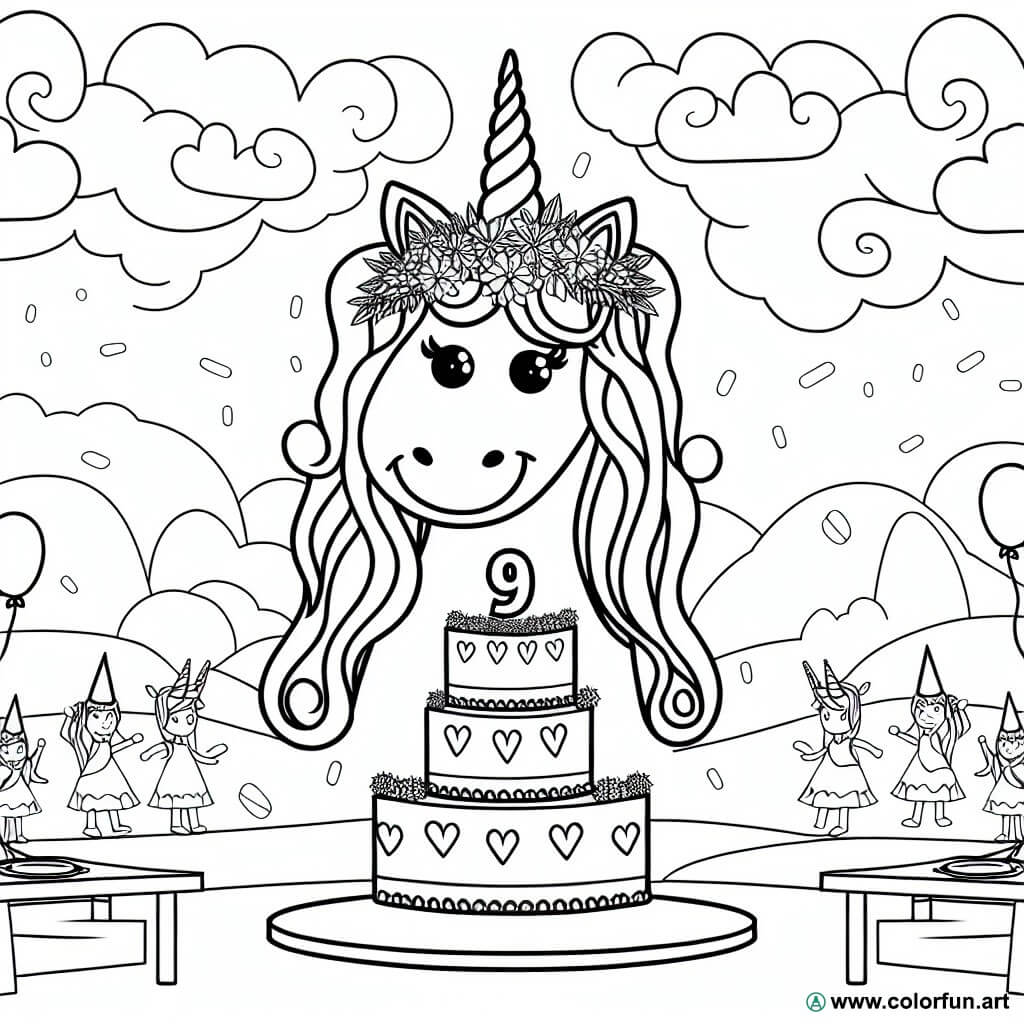 coloring page birthday 9 years old unicorn theme