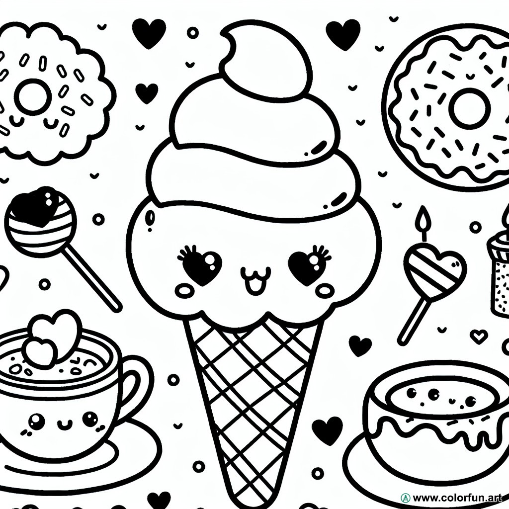 kawaii food ice cream coloring page