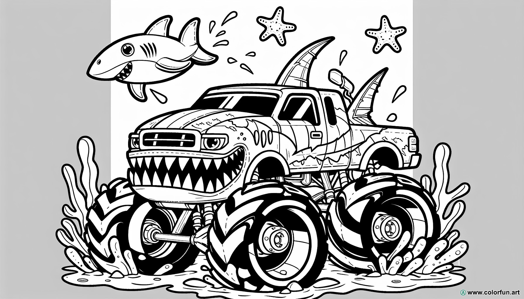coloring page monster truck shark