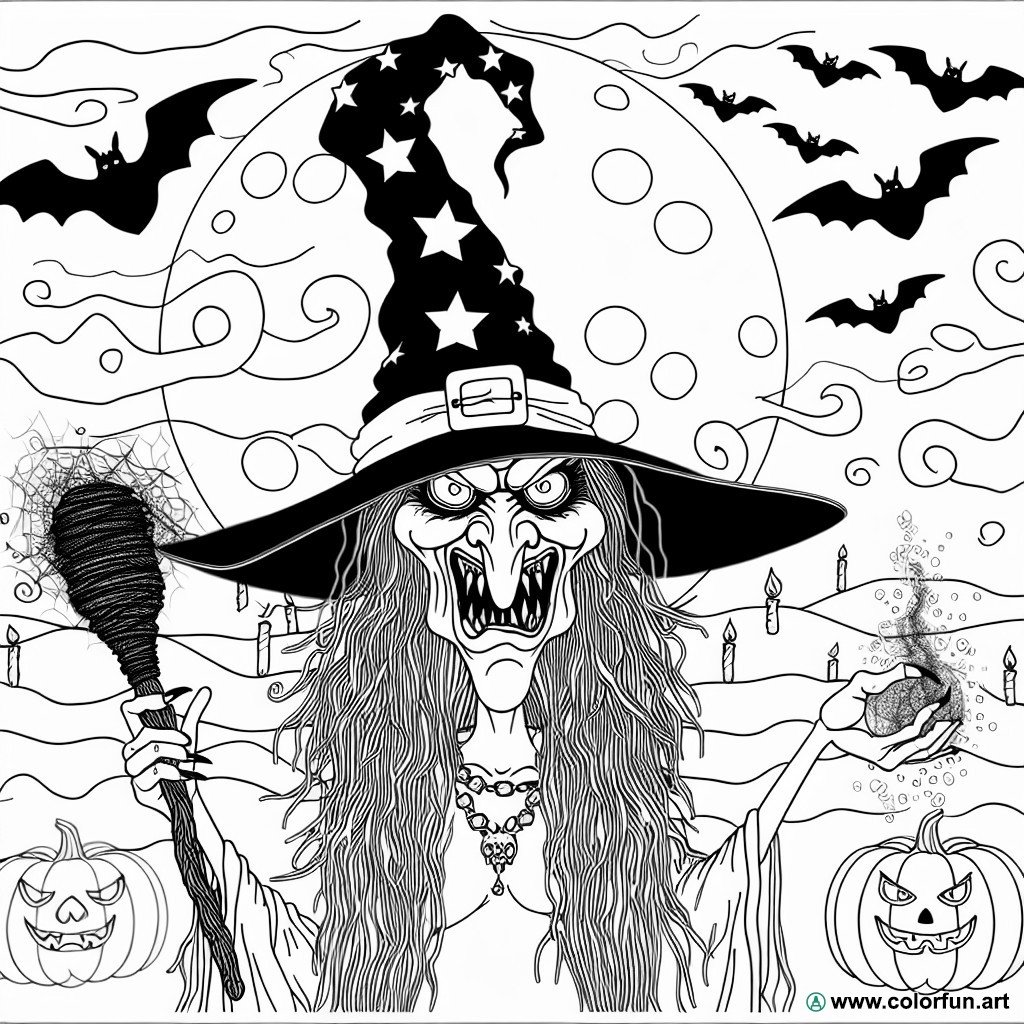scary witch Halloween coloring page