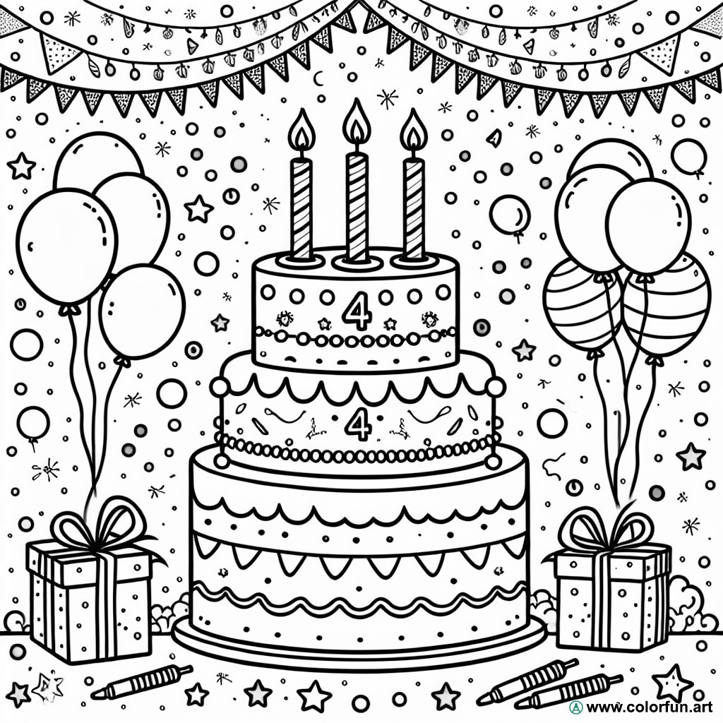 coloring page birthday cake 4 years