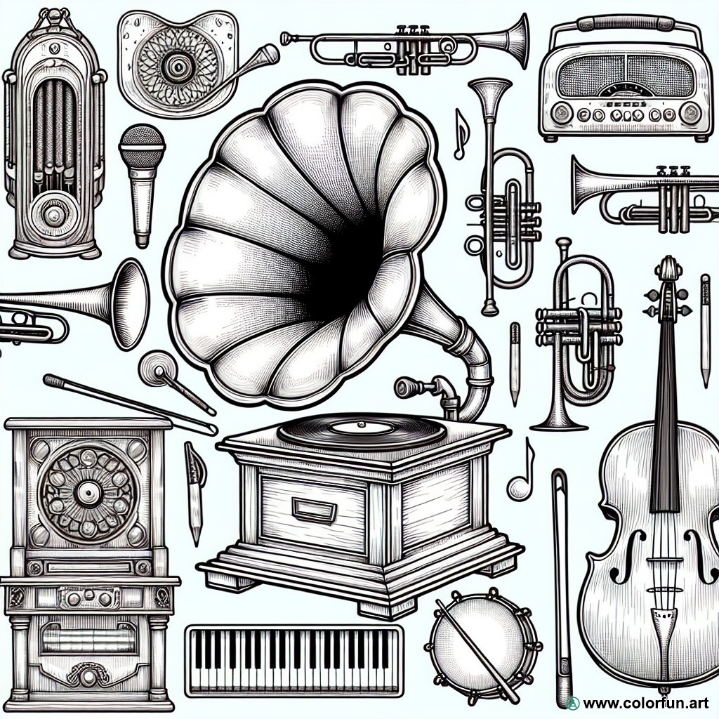 coloring page vintage musical instruments