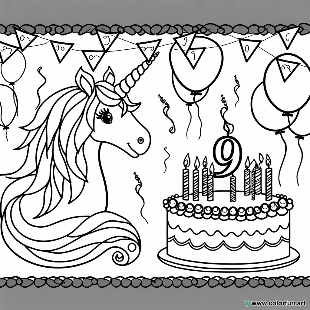 9th birthday unicorn coloring page