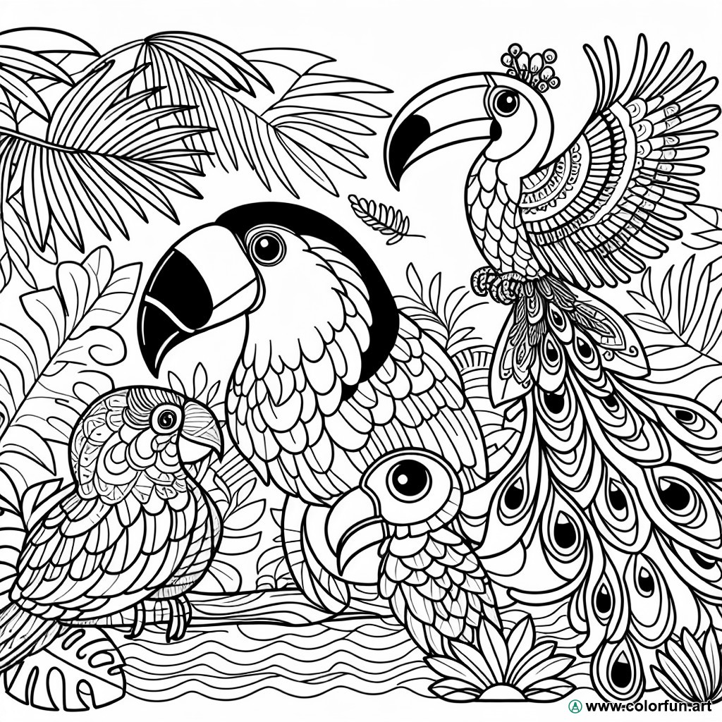 coloring page exotic animals feathers