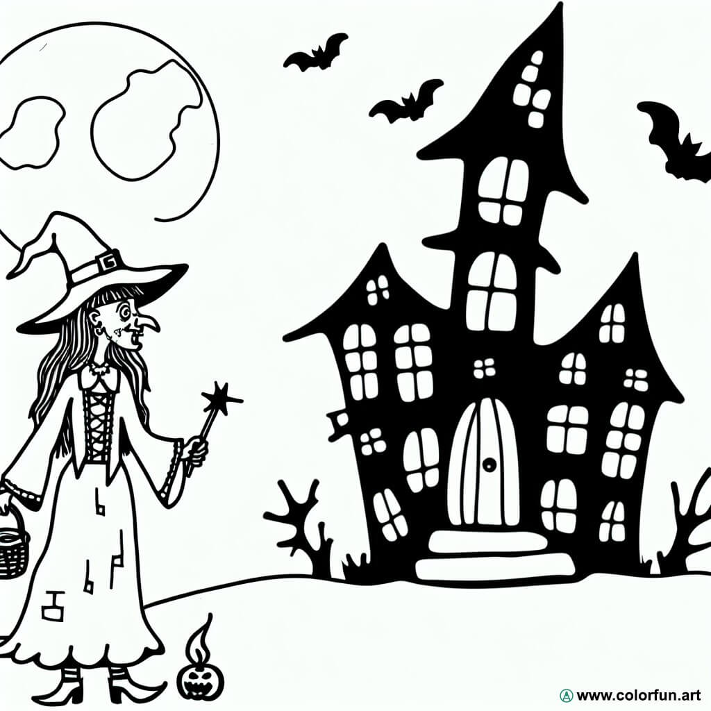 coloring page halloween witch haunted house
