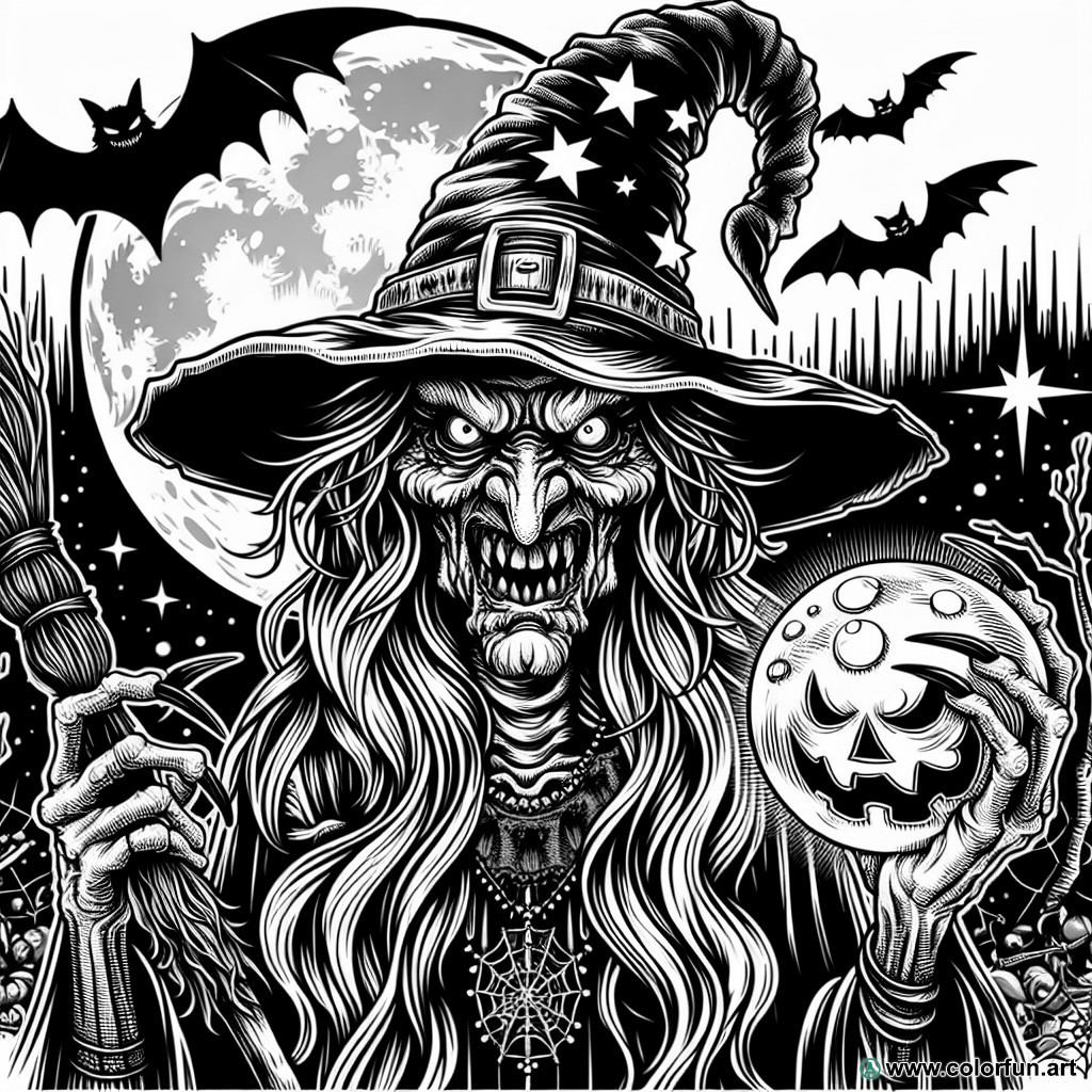 terrifying witch Halloween coloring page