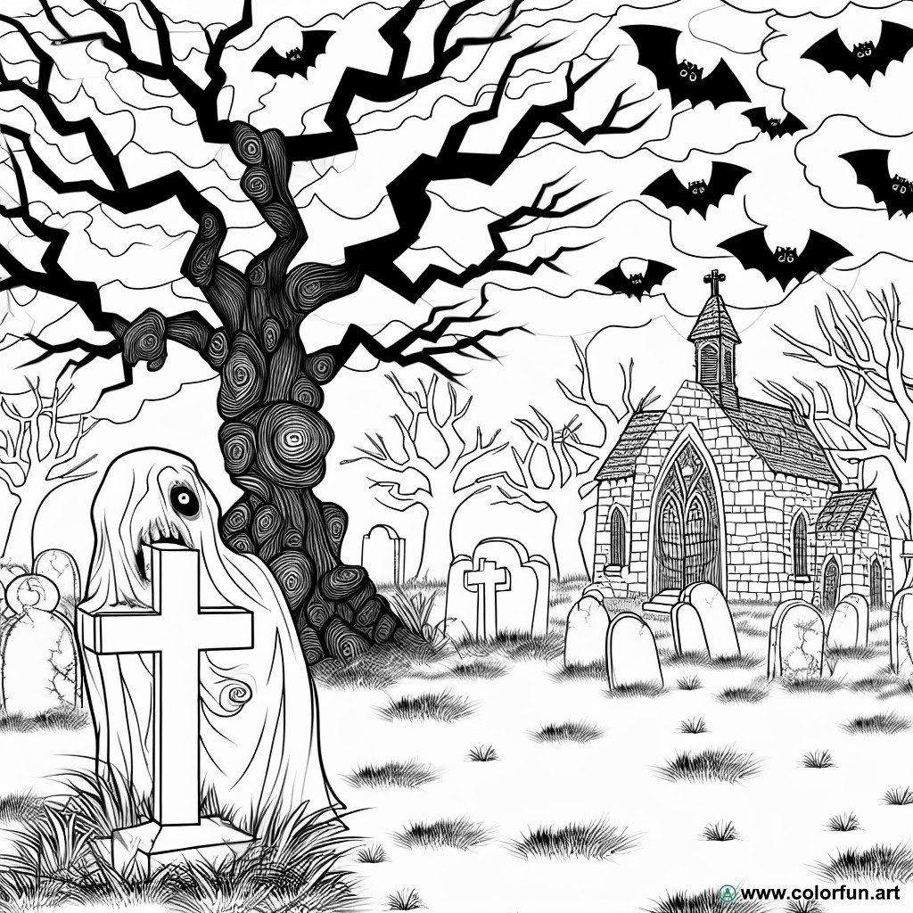 coloring page haunted cemetery