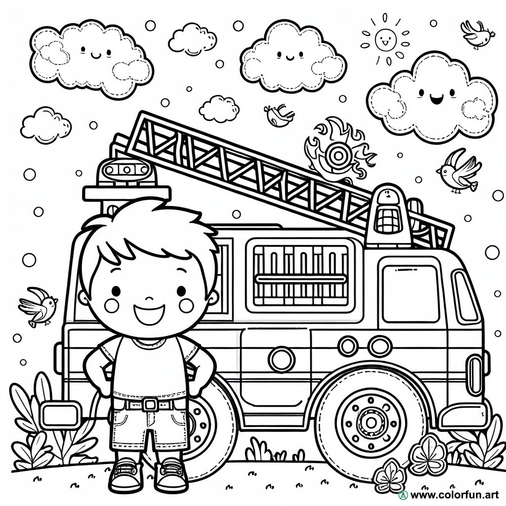 coloring page child fire truck