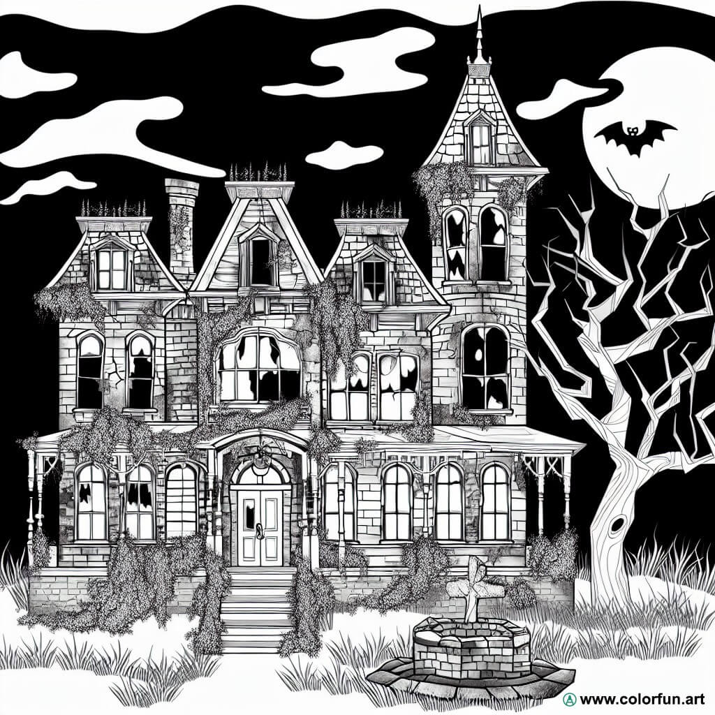 coloring page halloween haunted house