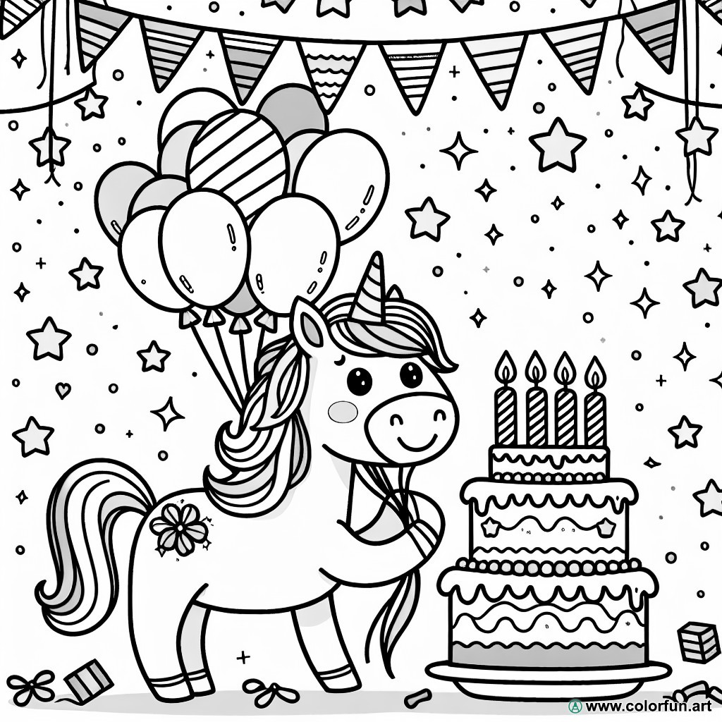 Unicorn 4th birthday coloring page