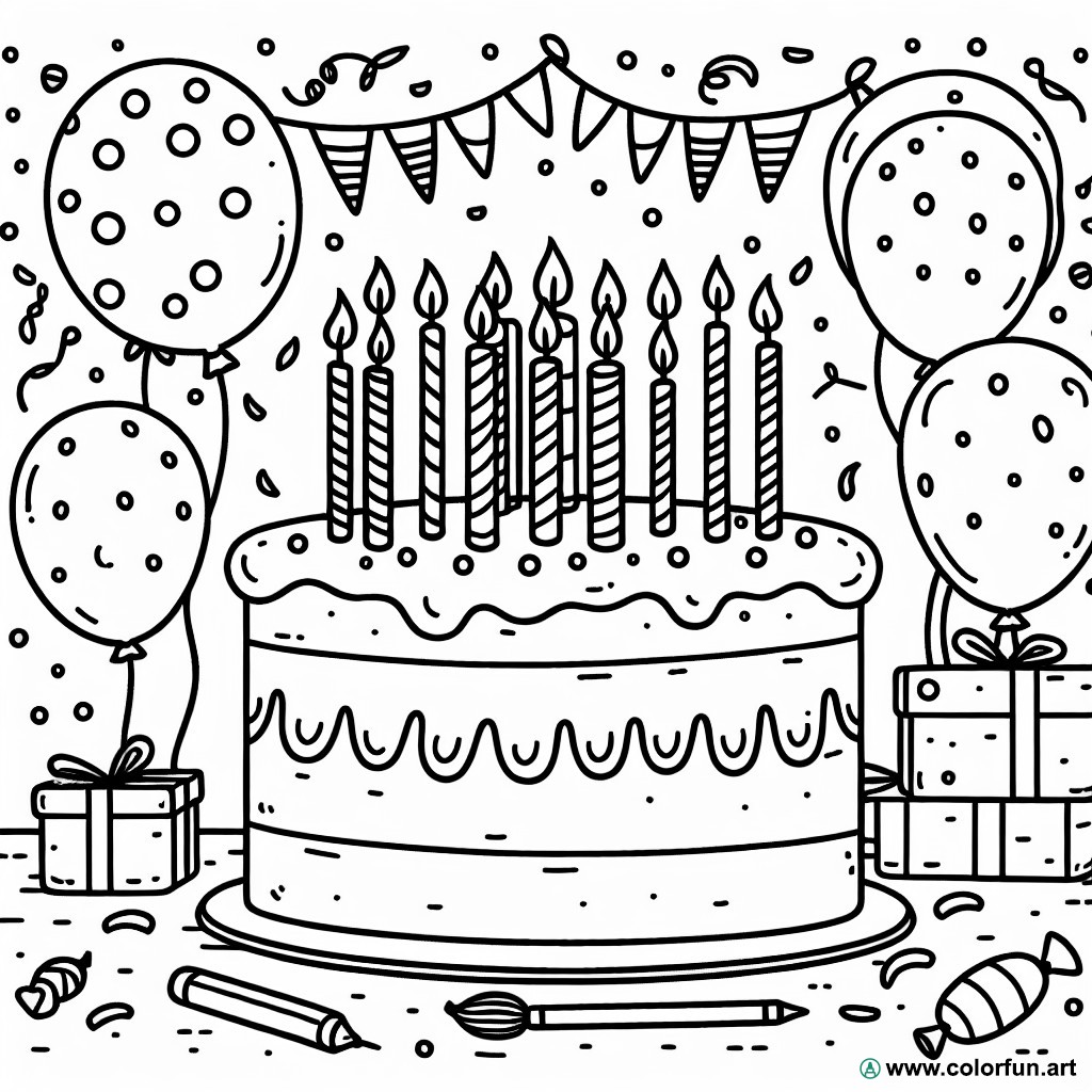 coloring page birthday cake balloons