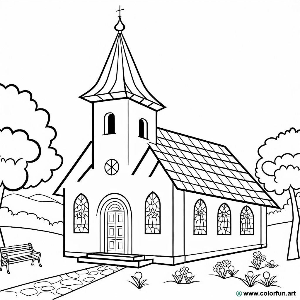 coloring page church countryside