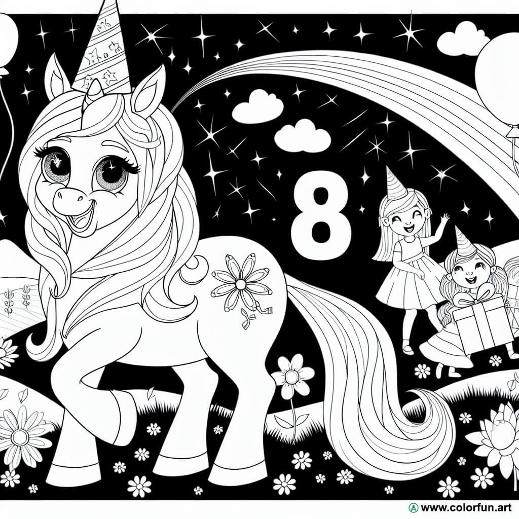 coloring page birthday 8 years old unicorn