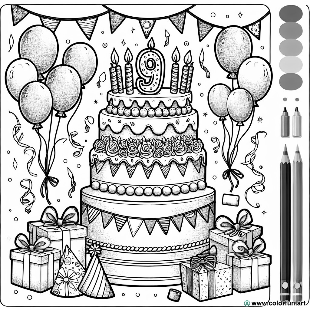 Birthday 9 years old cake coloring page