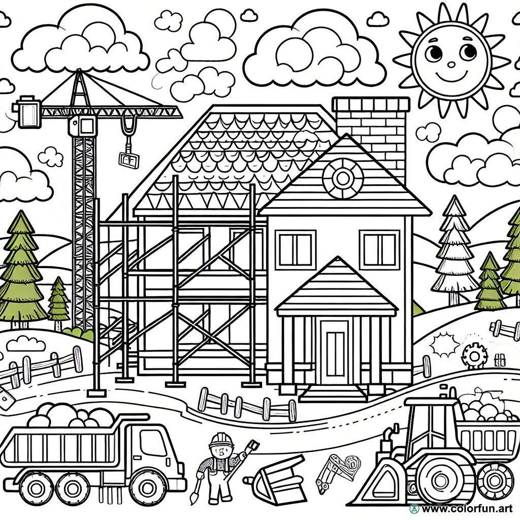 coloring page construction site house