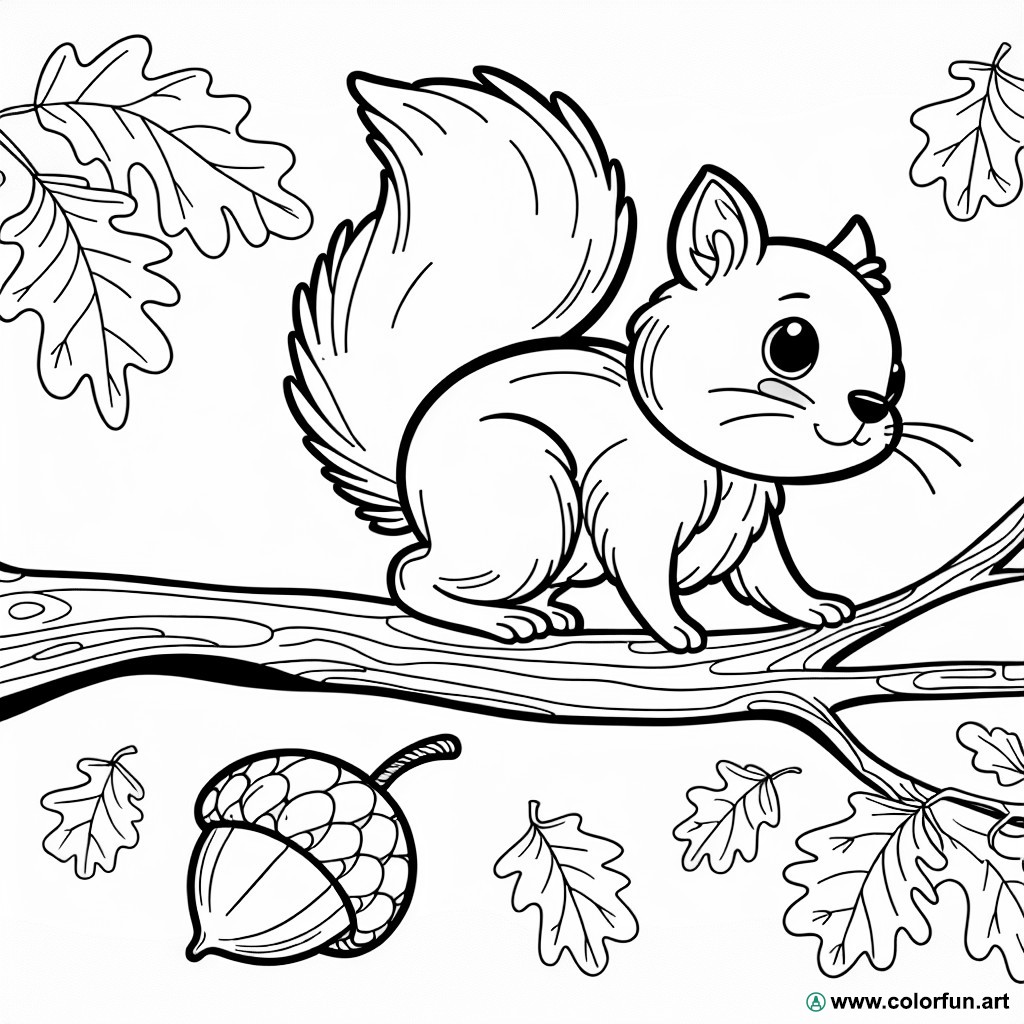 Coloring page autumn squirrel acorn