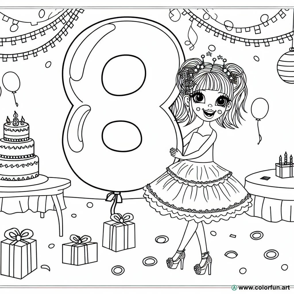 coloring page birthday 8 years old girl
