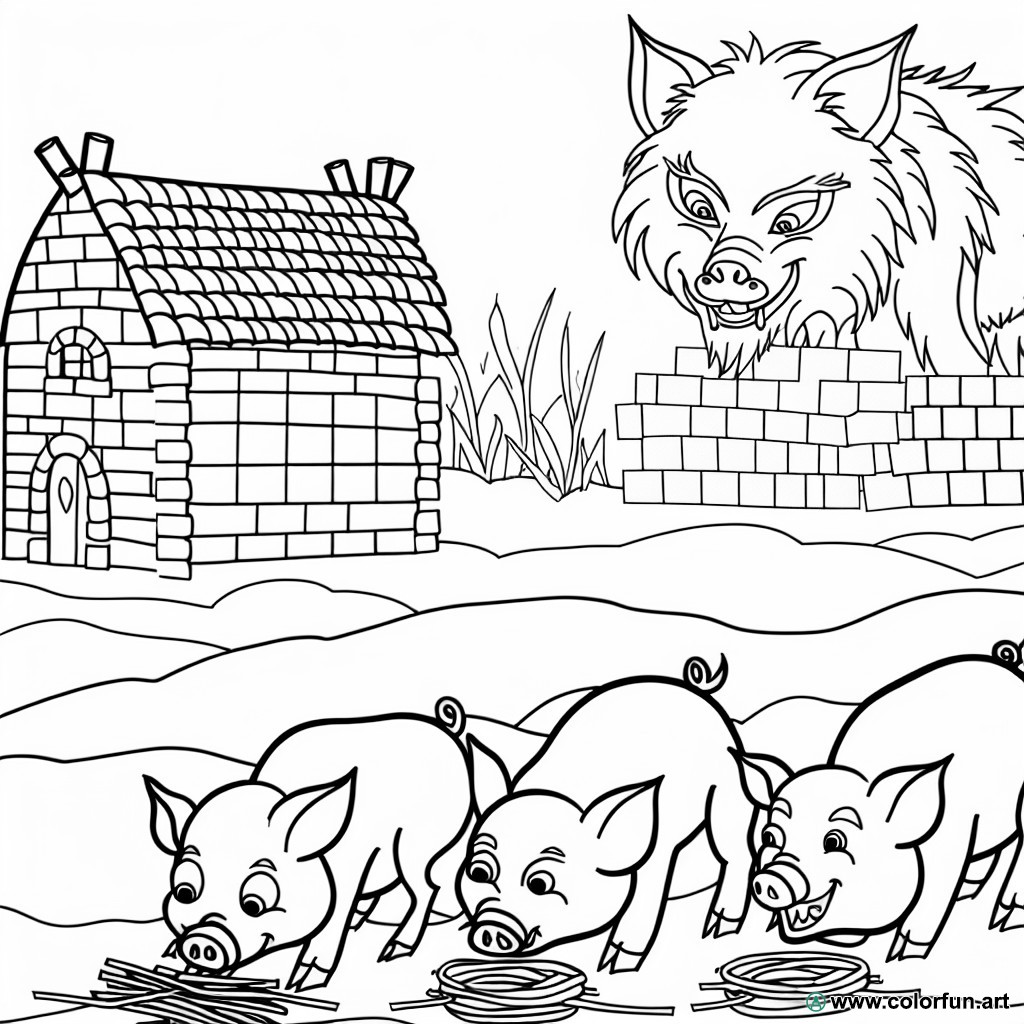 coloring page 3 little pigs and the wolf