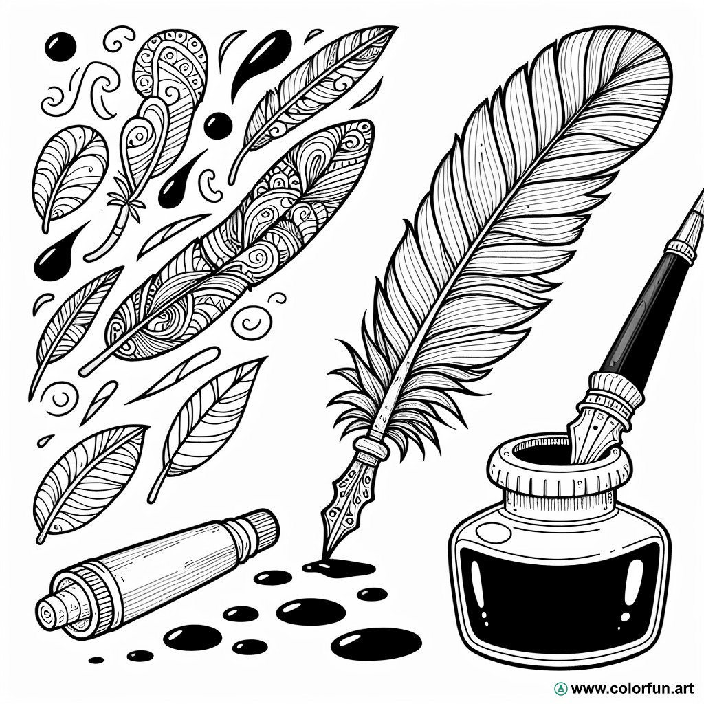 coloring page feather and inkwell