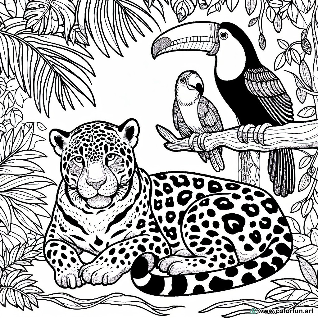 coloring page jungle toucans jaguars
