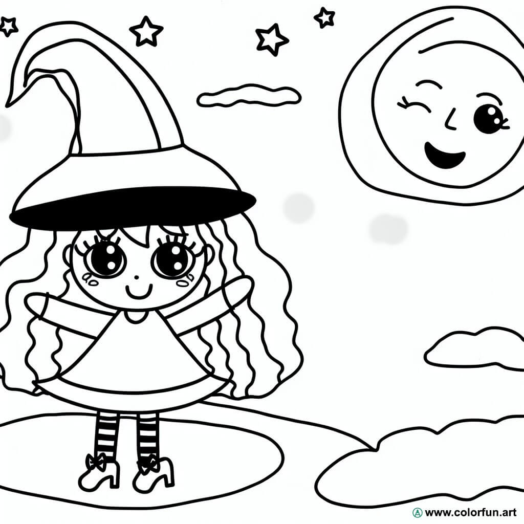 coloring page halloween kawaii witch