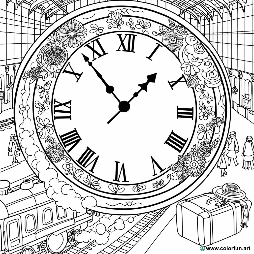 coloring page train station clock