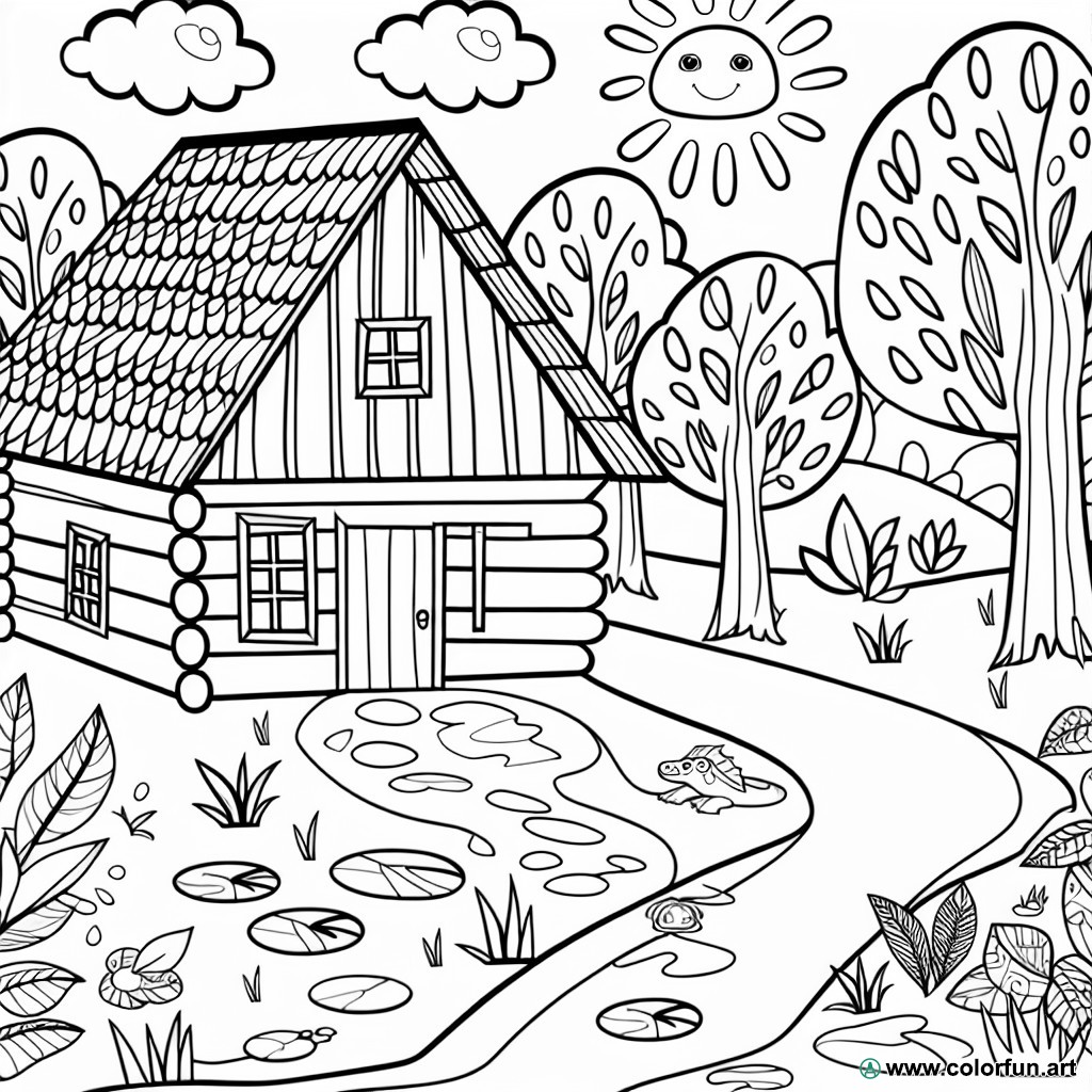 coloring page cabin nature