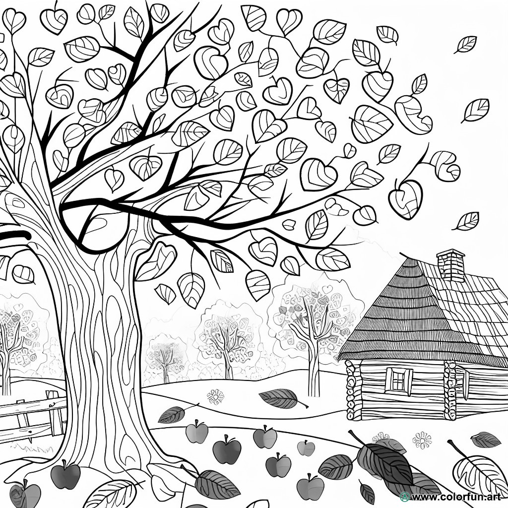 coloring page autumn apple tree