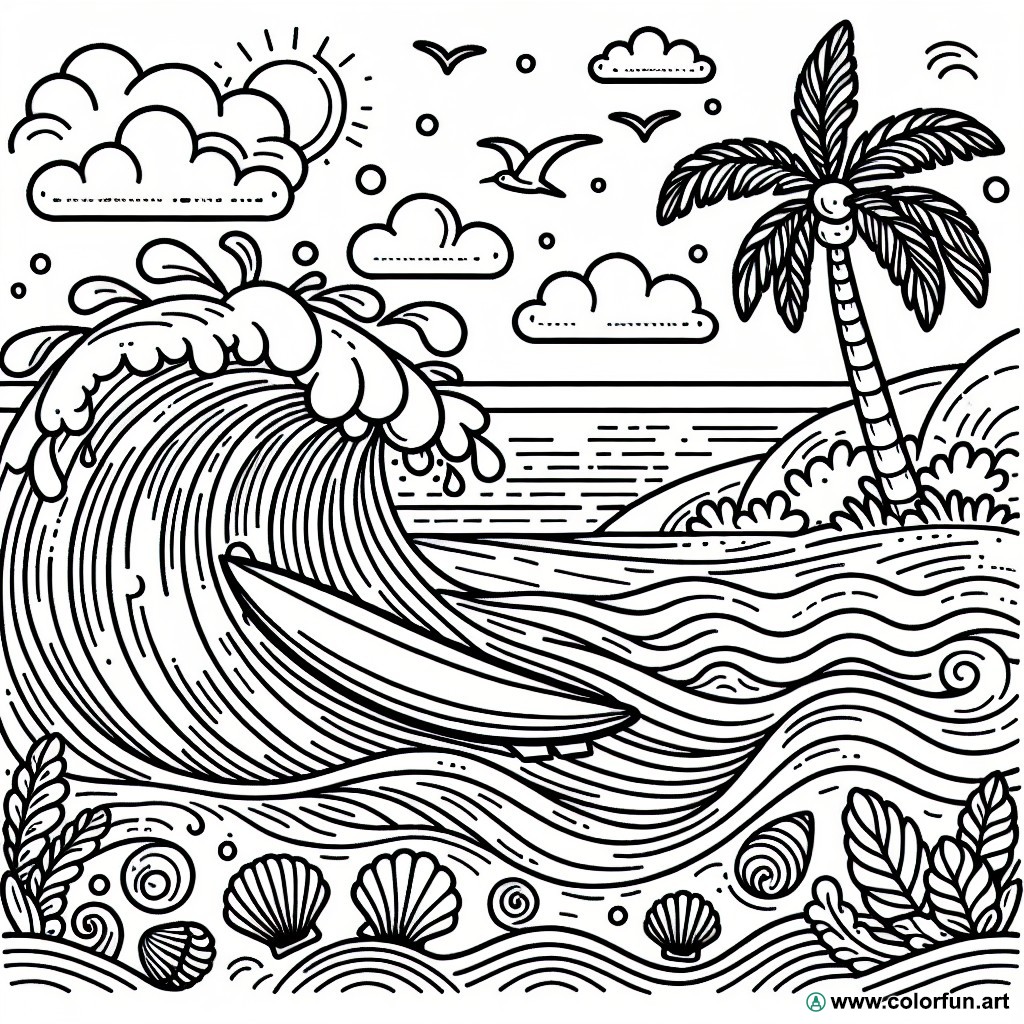 coloring page surfing waves