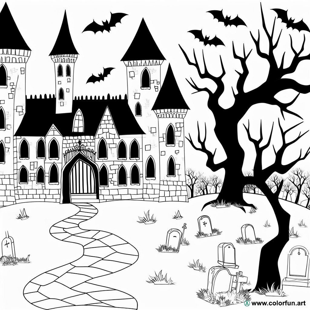 Sinister haunted castle coloring page