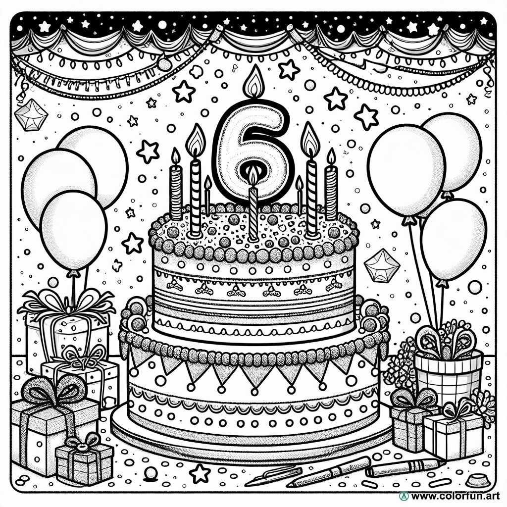 coloring page birthday cake 6 years