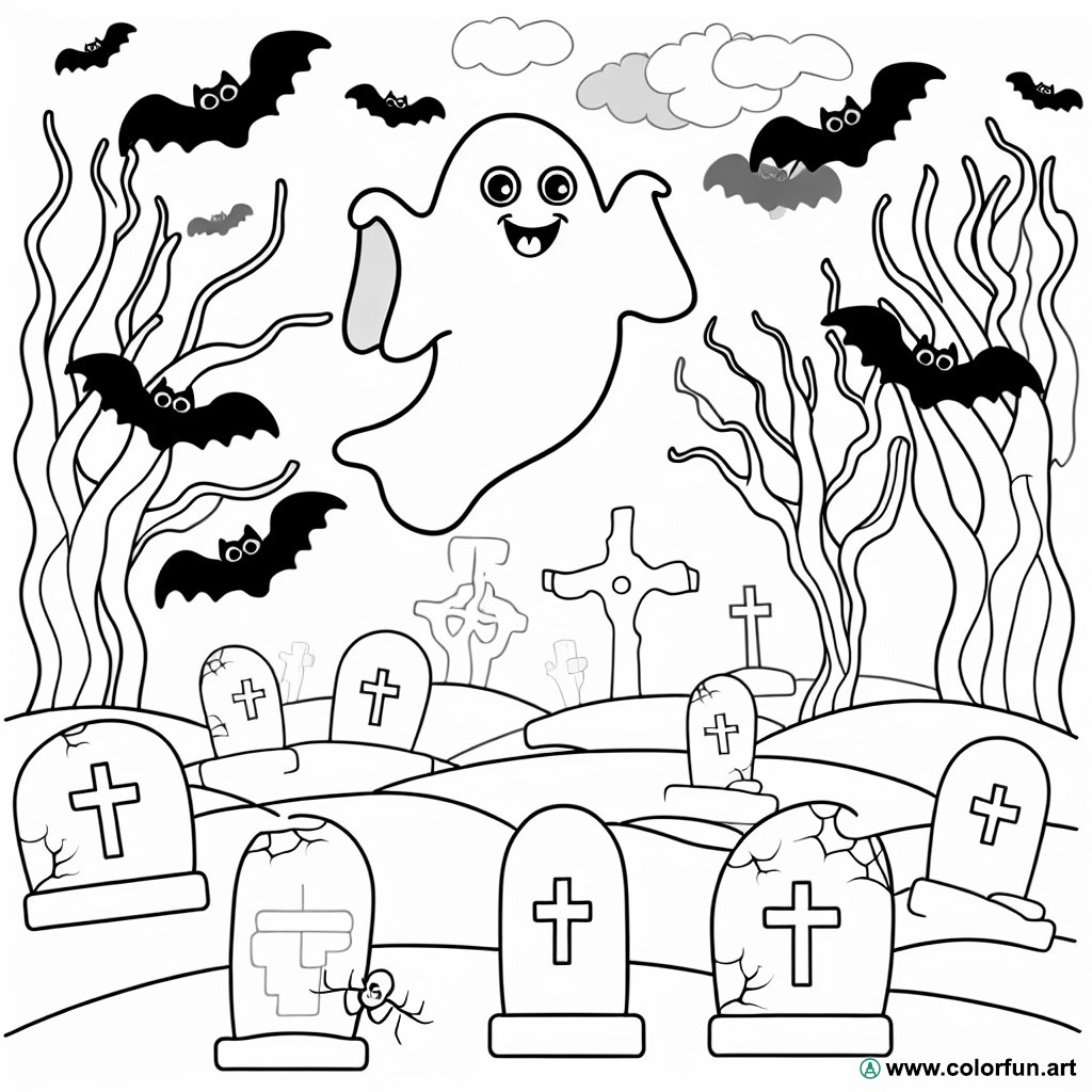 coloring page Halloween ghost cemetery
