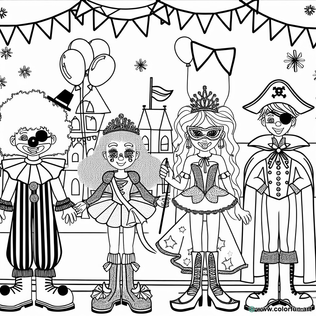 coloring page Mardi Gras festive costumes