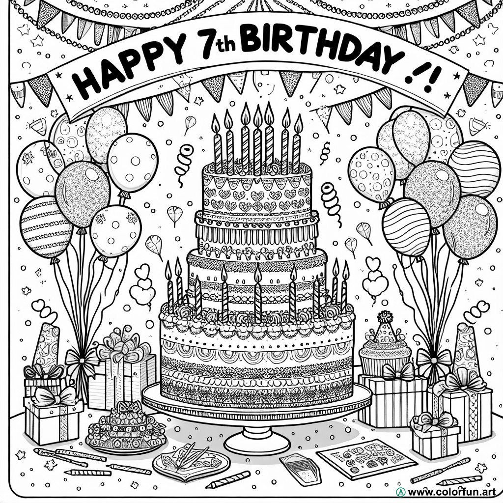 birthday coloring page 7 years cake