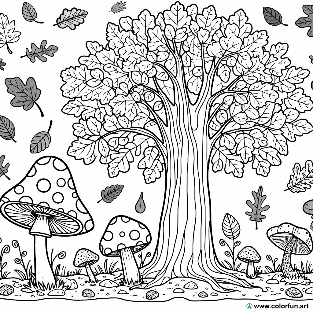 coloring page autumn mushrooms trees