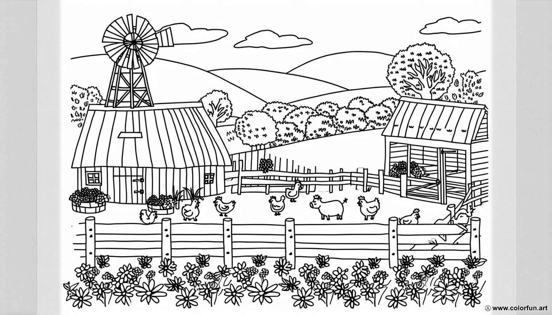 coloring page the farm in flowers