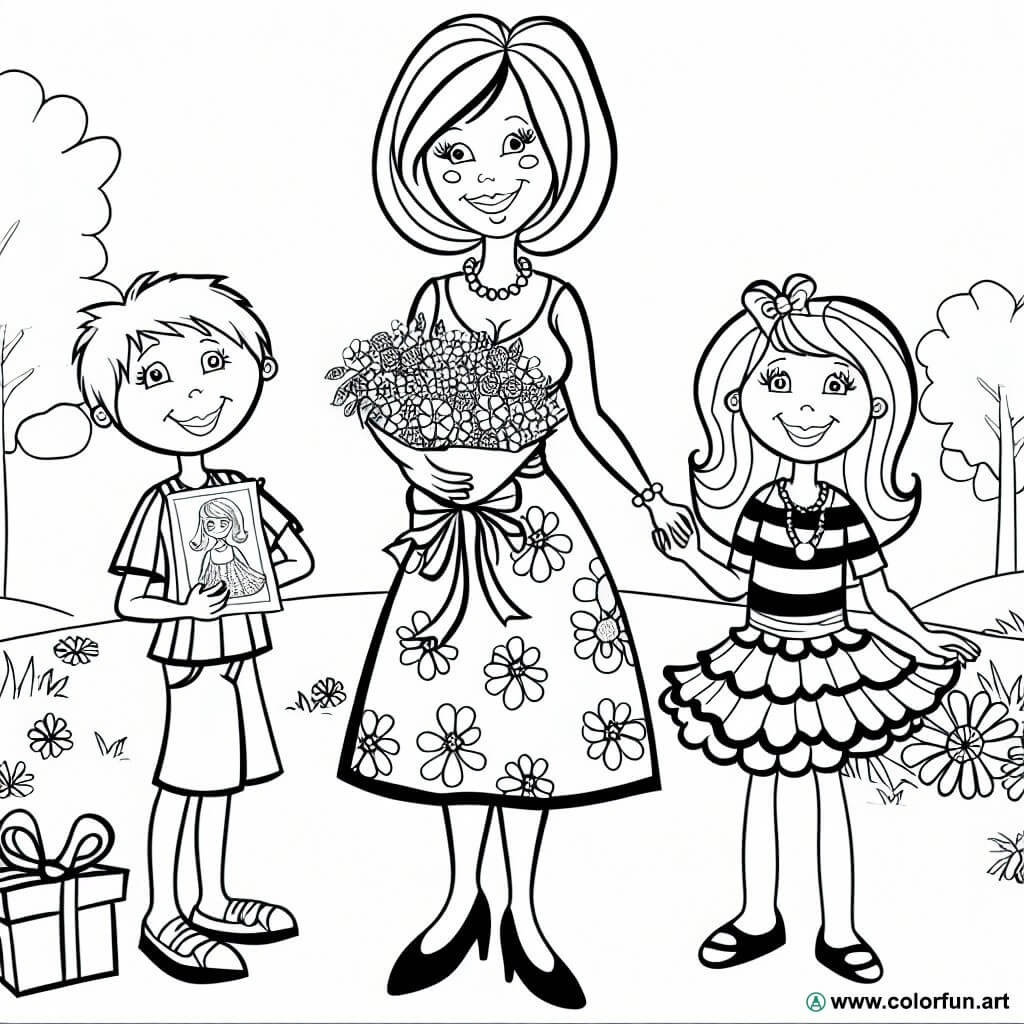 coloring page Mother's Day celebration with family