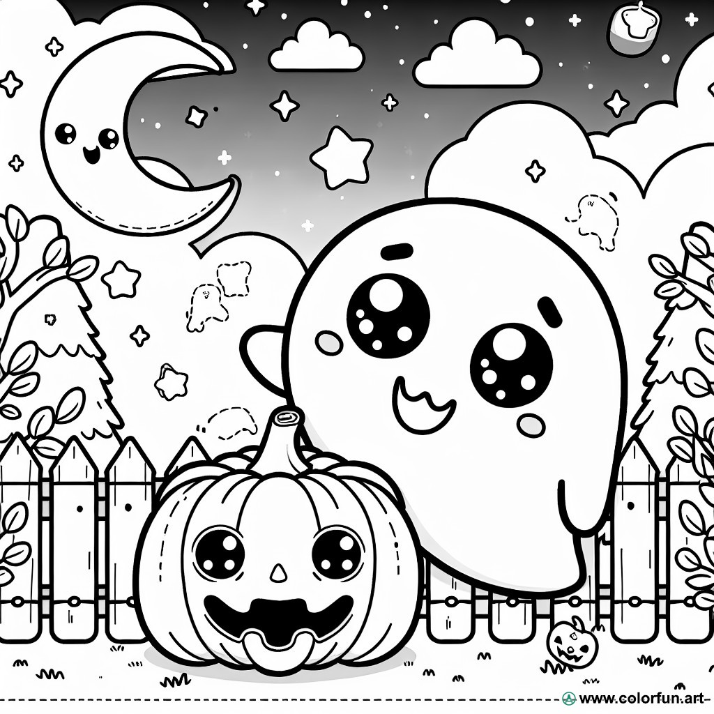 kawaii Halloween ghost coloring page