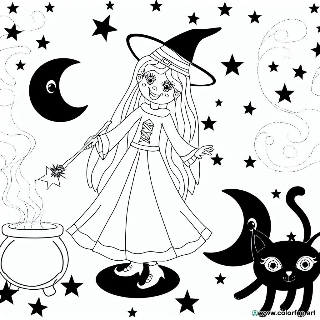 coloring page magic witch