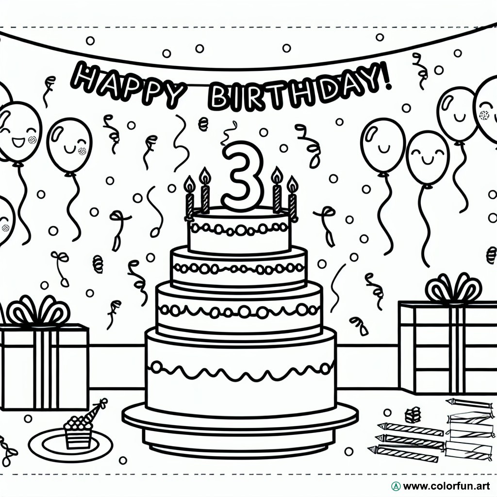 coloring page birthday 3 years easy