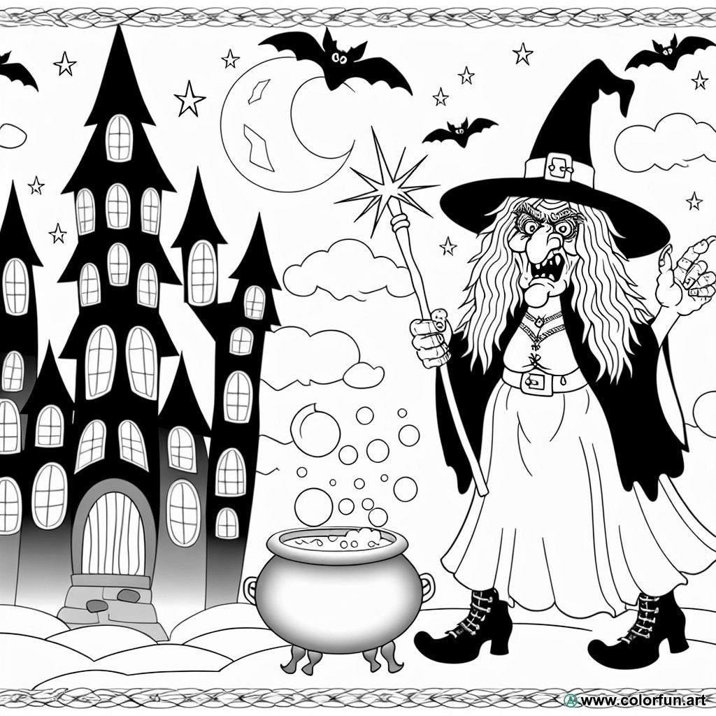 coloring page halloween witch castle