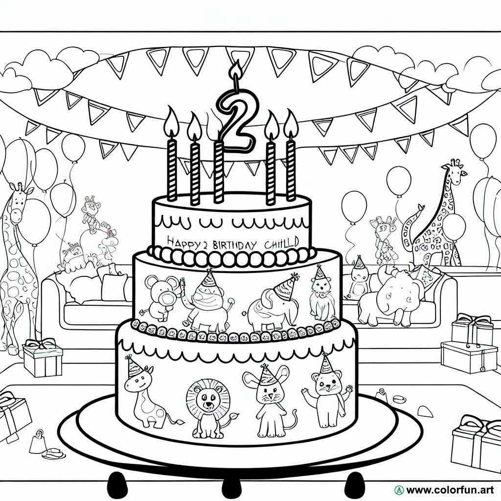 coloring page birthday 2 years animals